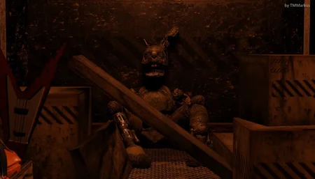 Springtrap sitting among wooden crates inside the After Fright warehouse