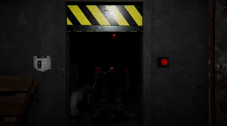 Danger-striped door with red button and animatronic silhouette lurking in the darkness