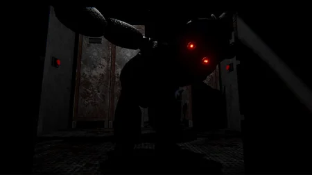 Large animatronic silhouette with glowing red eyes in a dark warehouse hallway