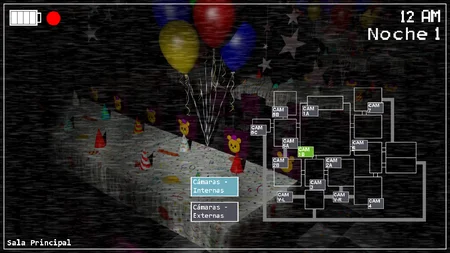 Main hall camera view showing party decorations and colorful balloons in After Nights at Freddy's
