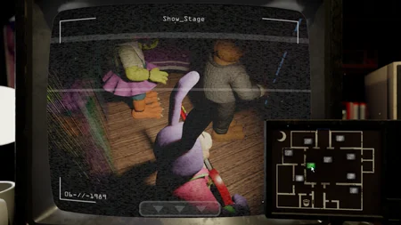 Animatronic Memories camera view of the Show Stage with Bonnie and Chica on stage