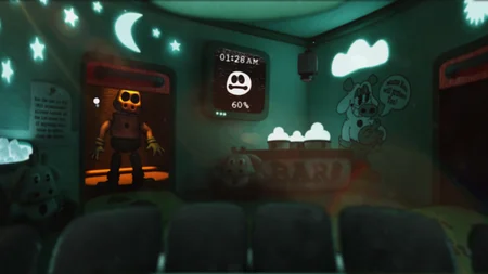 Withered Bondi appearing at the left door with glowing orange eyes in Bondee's Barnyard