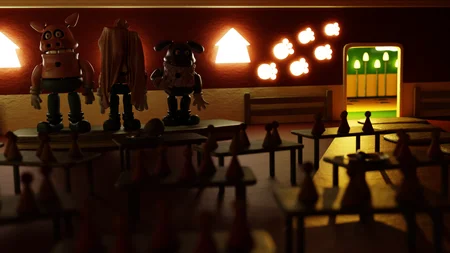 Bondee's Barnyard restaurant dining area with animatronic characters on stage