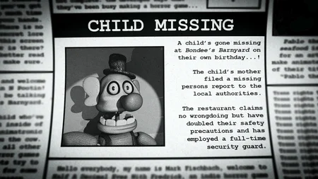 Newspaper clipping reading CHILD MISSING from Bondee's Barnyard story