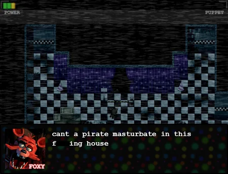 Pirate's Cove area with Foxy showing the crude humor dialogue typical of FNAFB