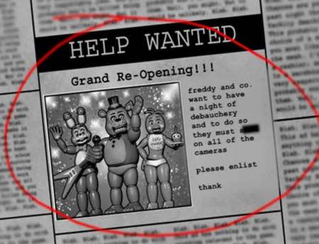 Help Wanted newspaper with Freddy illustration describing the game's premise