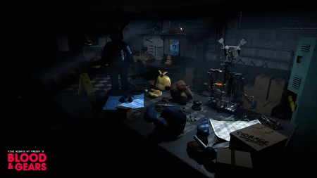 Dark backstage area with Bonnie dismantled on the floor and exposed endoskeleton