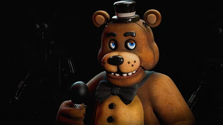 Freddy Fazbear high-quality render with realistic foam texture, microphone and top hat