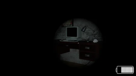 Pirate Caverns second floor with old CRT monitor on a desk illuminated by flashlight