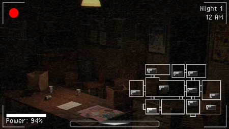 Camera feed showing a dark room inside the abandoned resort with red recording indicator