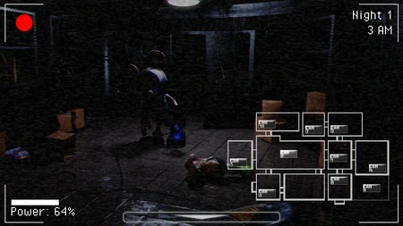 Photo Negative Mickey spotted on camera in a storage room, Night 1 at 3AM with power at 64%