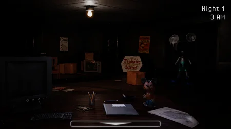 Player office in Five Nights at Treasure Island with desk, CRT monitor, Mickey doll, and Oswald lurking in the corner