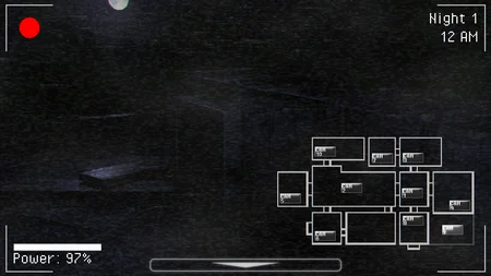 Camera view of a foggy, dimly lit hallway inside Treasure Island