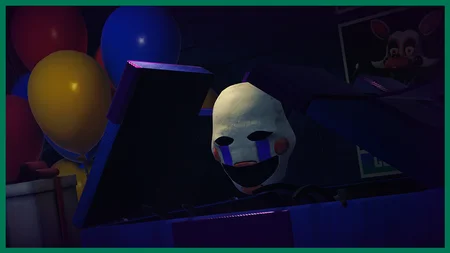 The Puppet emerging from the music box surrounded by colorful balloons in FNAF Rewritten 87