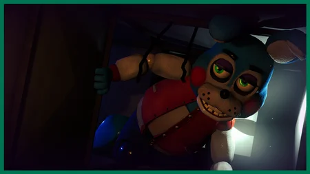 Redesigned Balloon Boy with sinister appearance holding an orange balloon in a red-lit corridor in FNAF Rewritten 87