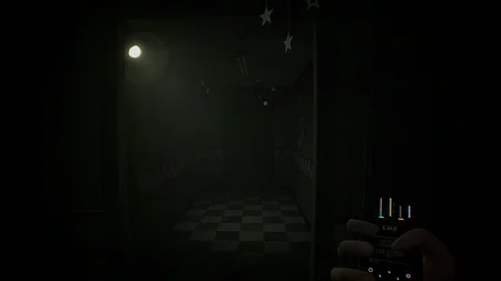 Dark hallway in FNAF Urbex with checkered floor and EMF detector in hand