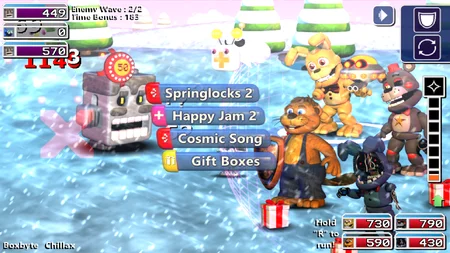 FNAF World Refreshed - Turn-based battle in a snowy area with Springtrap in the party