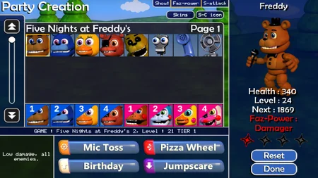 FNAF World Refreshed - Party creation screen showing Freddy's stats and attacks