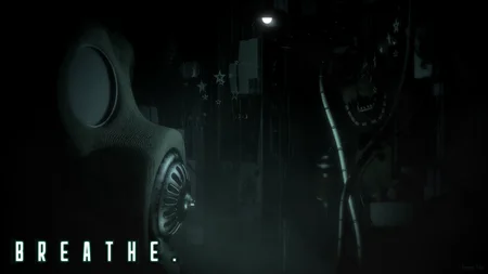 Gas mask in the foreground with a sinister animatronic in the dark — Breathe