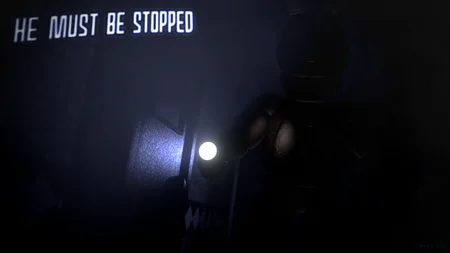 Dark silhouette of an animatronic with a bright light — He Must Be Stopped