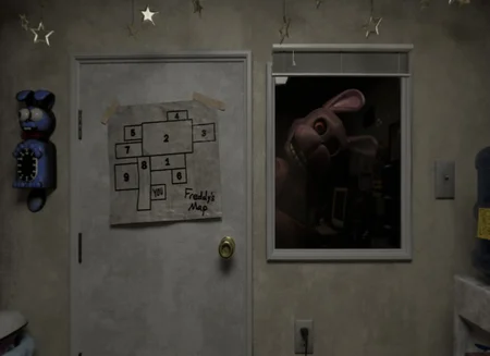 Bonnie peering through the office window in Freddy's Reanimated with a Freddy's map on the wall