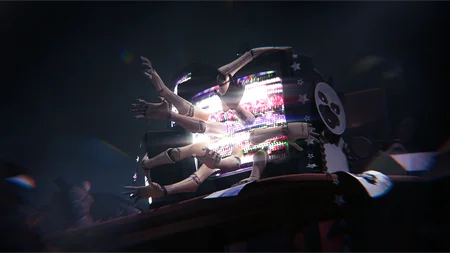 The Mangle being assembled from multiple mechanical arms and endoskeletons in JR's