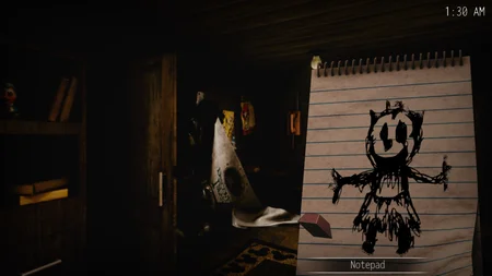 Oblitus Casa cabin office showing the notepad with Belial's drawing at 1:30 AM