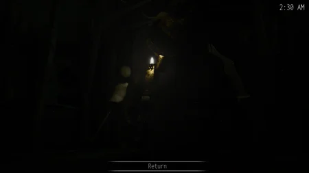 Oblitus Casa attic view with lighter illuminating the silhouette of Corrupted Face