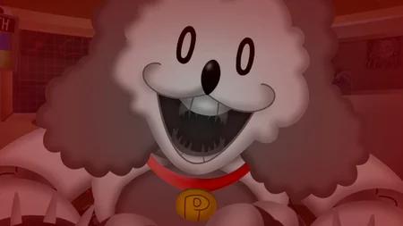 Percy Poodle animatronic close-up with menacing expression in Playtime with Percy