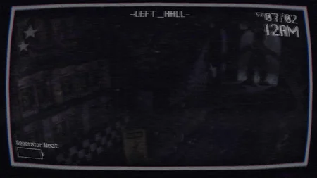 Left Hall security camera showing a dark corridor with animatronic silhouettes in The Return to Bloody Nights