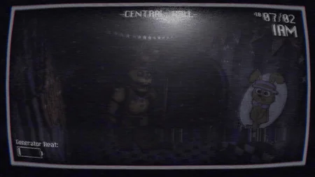 Center Hall security camera view showing animatronics with generator heat indicator in The Return to Bloody Nights