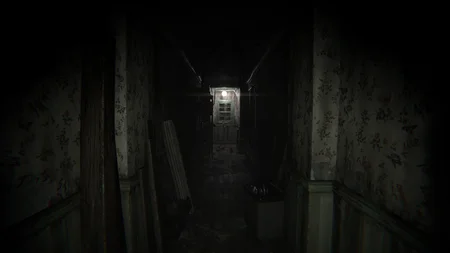 Dark upper hallway in Shadows Awaken with peeling wallpaper and scattered objects