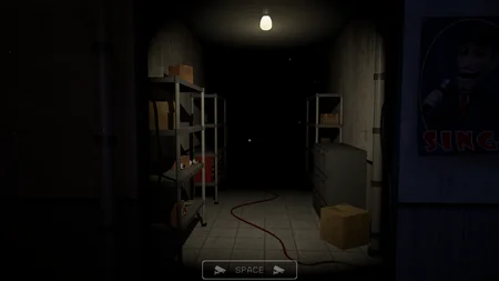 Dark hallway in Showman's: The Awakening with shelves and a single light bulb illuminating the corridor