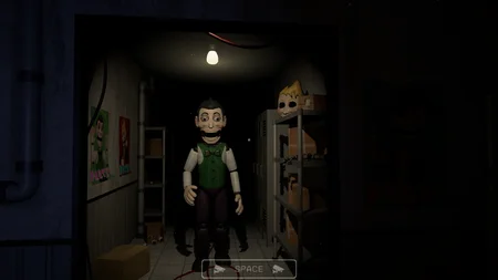 Harry animatronic entering the office in full body view with green shirt and bow tie