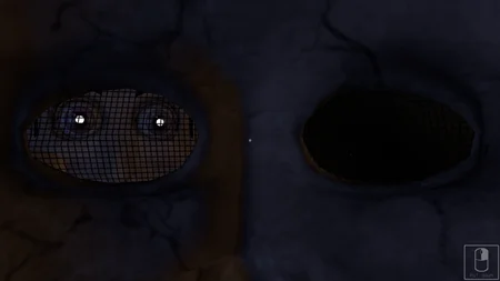 Ventilation grate showing glowing animatronic eyes peering through in Showman's: The Awakening