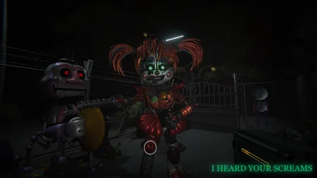 The Glitched Attraction - Scrap Baby emerging from the darkness in the Pizzeria Simulator level