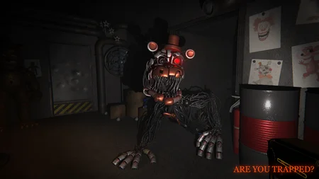 Molten Freddy with glowing red eyes in a warehouse with children's drawings