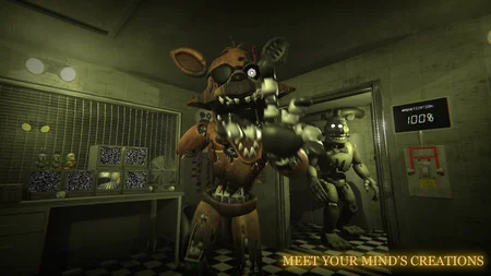 Nightmare Foxy and Nightmare Bonnie in a hallway with battery indicator