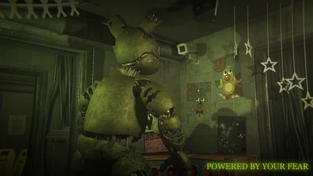Springtrap deteriorated in a dark room with Powered By Your Fear text