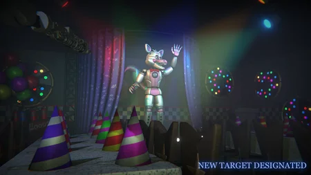 Funtime Foxy on a colorful stage with balloons and party decorations