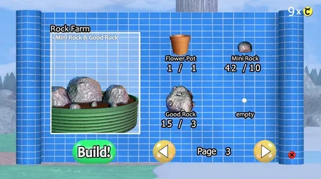 Rock Farm crafting screen showing required materials — Flower Pot, Mini Rock, Good Rock — with a waterfall in the background