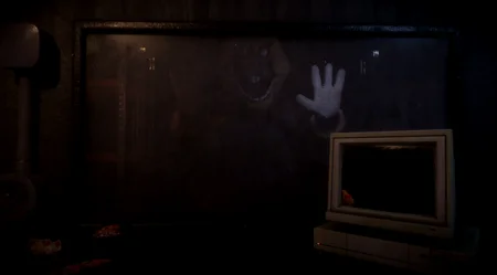 Spring Bonnie pressing against the office window with a sinister expression